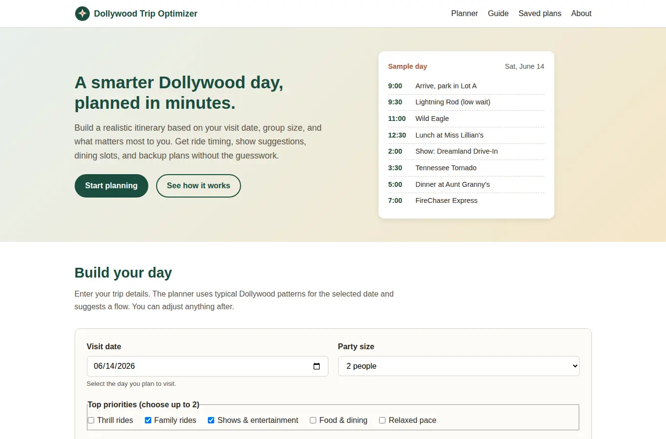 Screenshot of Dollywood Trip Optimizer interface showing the project page in use